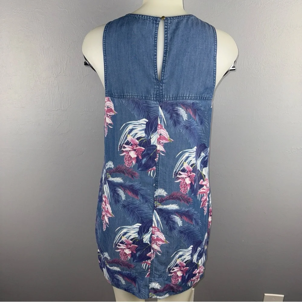Tommy Bahama Dress Small Chambray Tropical Floral Print‎ Sleeveless with Pockets